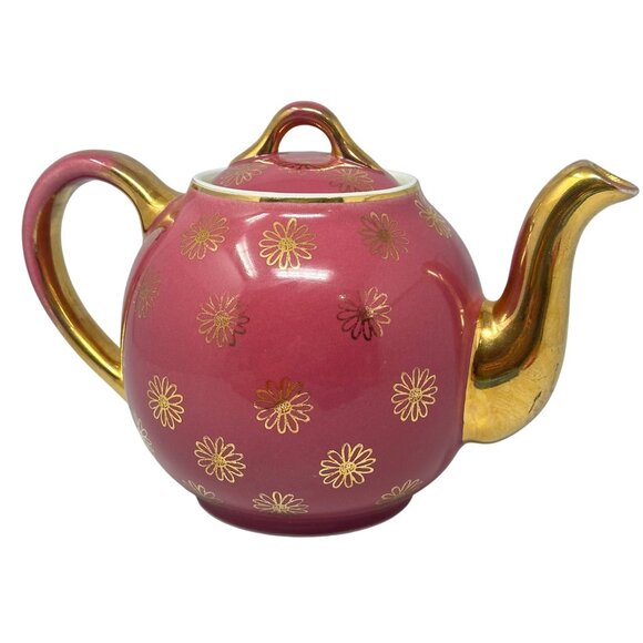 Vintage Hall 12-Cup Pink & Gold Floral Teapot 054 GL READ - Picture 1 of 13